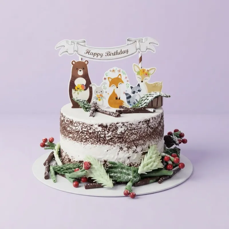 A white 1-tier Woodland Animal cake, featuring a 'Happy Birthday' banner, animal printouts, pine branches, berries, and logs. A white 1-tier Woodland Animal cake, featuring a 'Happy Birthday' banner, animal printouts, pine branches, berries, and logs.
