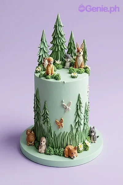 A light green 1 Tier cake themed Woodland Forest, featuring fondant bears, foxes, raccoons, pine trees, piped green accents, and white daisies. A light green 1 Tier cake themed Woodland Forest, featuring fondant bears, foxes, raccoons, pine trees, piped green accents, and white daisies.