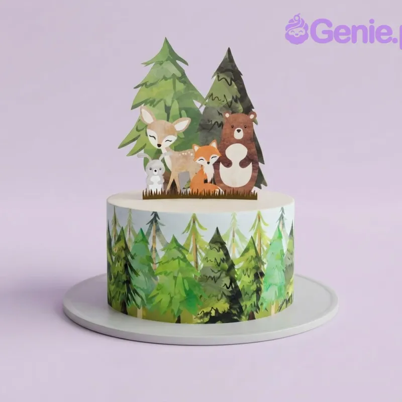 A 1-tier Woodland Forest cake, featuring printout deer, bear, fox, rabbit, and evergreen tree backdrops. A 1-tier Woodland Forest cake, featuring printout deer, bear, fox, rabbit, and evergreen tree backdrops.