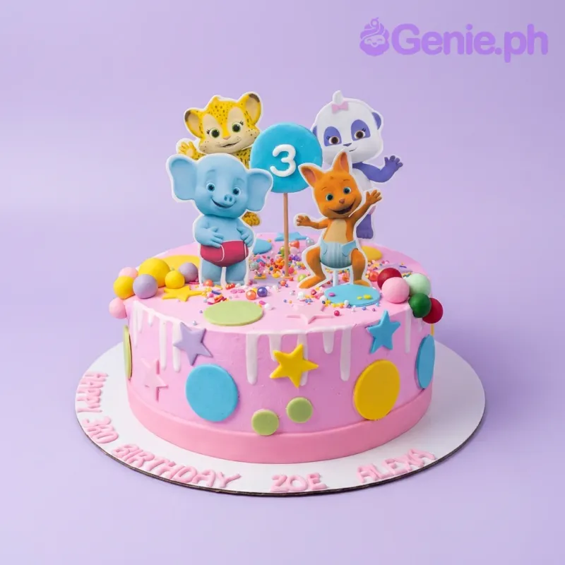 A pink and colorful 1 Tier Word Party cake, featuring character printouts, a blue number 3, colorful stars, and white icing drips. A pink and colorful 1 Tier Word Party cake, featuring character printouts, a blue number 3, colorful stars, and white icing drips.