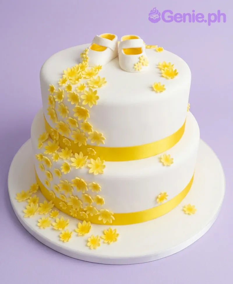 A white and yellow two-tier fondant cake themed around Yellow Daisy, featuring white baby shoes, yellow gumpaste daisies, and yellow ribbons. A white and yellow two-tier fondant cake themed around Yellow Daisy, featuring white baby shoes, yellow gumpaste daisies, and yellow ribbons.