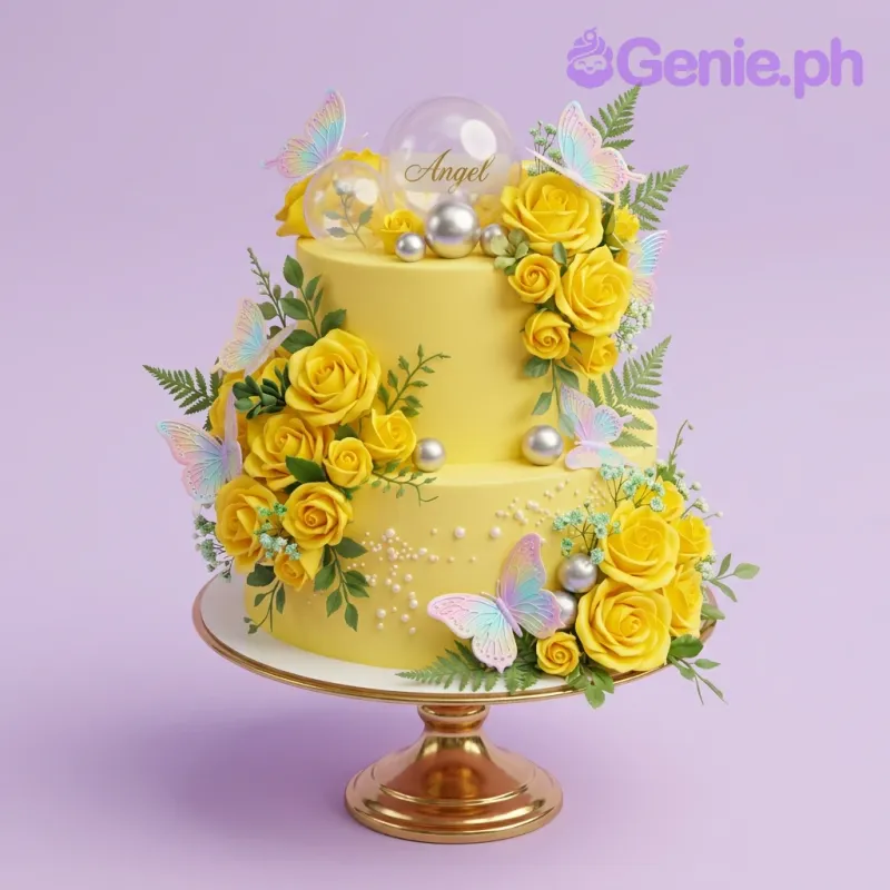 Elegant 2-tier yellow floral birthday cake with yellow roses, iridescent butterflies, and silver spheres. Elegant 2-tier yellow floral birthday cake with yellow roses, iridescent butterflies, and silver spheres.
