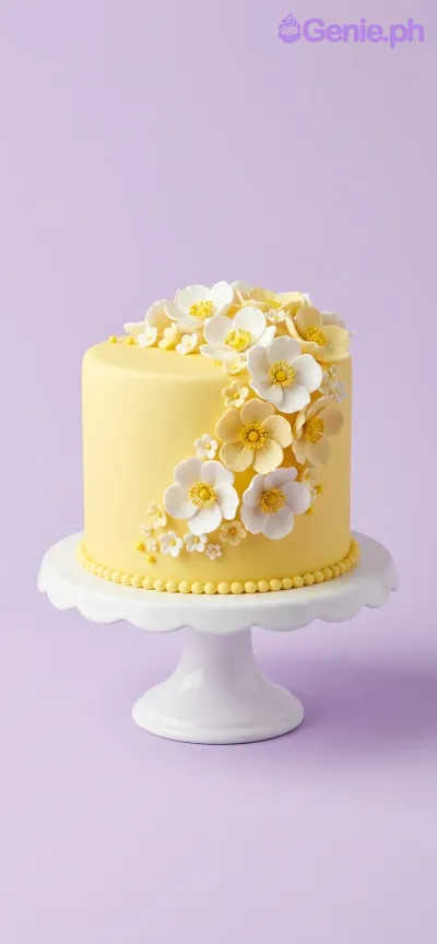 A yellow and white 1-tier cake themed around minimalist florals, featuring white and yellow gumpaste flowers and yellow icing beads. A yellow and white 1-tier cake themed around minimalist florals, featuring white and yellow gumpaste flowers and yellow icing beads.