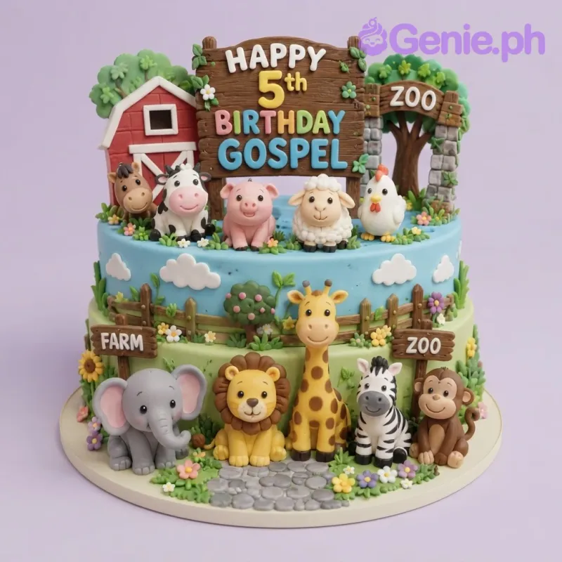 Sky blue 2-tier soft icing birthday cake with farm and zoo animal figurines, a wooden sign topper, and a green base board Sky blue 2-tier soft icing birthday cake with farm and zoo animal figurines, a wooden sign topper, and a green base board