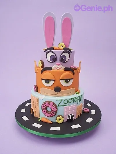 A purple, blue, and black 3 Tier Fondant Zootopia cake with Judy Hopps and Nick Wilde faces, city, donut, and road accents. A purple, blue, and black 3 Tier Fondant Zootopia cake with Judy Hopps and Nick Wilde faces, city, donut, and road accents.