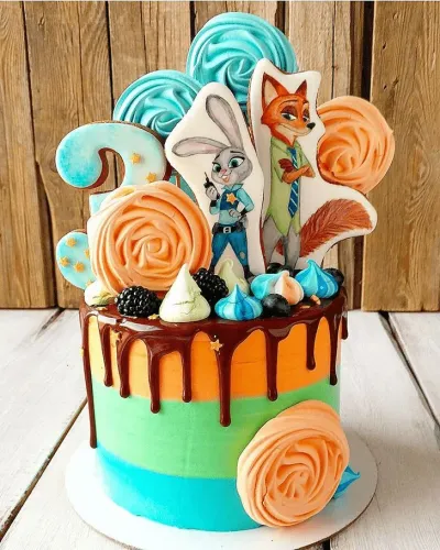 Colorful 1 Tier cake themed around Zootopia, featuring Judy Hopps and Nick Wilde toppers, chocolate drip, and meringue swirls. Colorful 1 Tier cake themed around Zootopia, featuring Judy Hopps and Nick Wilde toppers, chocolate drip, and meringue swirls.