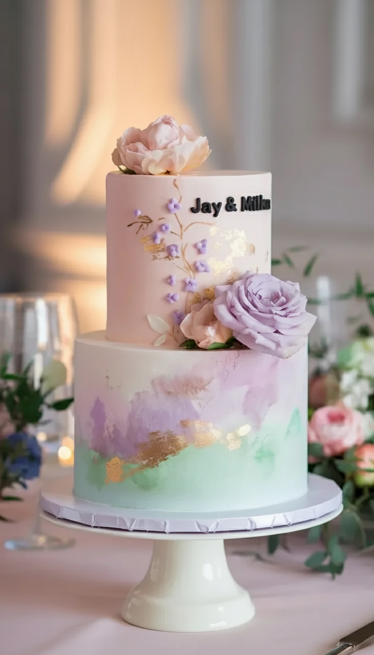 A photo of a personalized Jay & Milka elegant floral themed cake. It is a light pink and watercolor blend (purple, green, white) 2 Tier cake, featuring light pink and purple edible flowers, gold foil flakes, gold vines and leaves, and small purple edible elements.