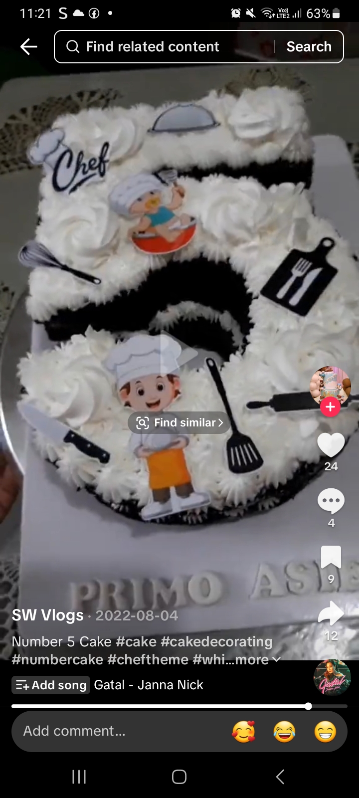 A photo of a Little Chef themed cake. It is a black and white 1 Tier cake decorated with a chef boy character, a baby chef, various kitchen tools, and a chef hat topper. A photo of a Little Chef themed cake. It is a black and white 1 Tier cake decorated with a chef boy character, a baby chef, various kitchen tools, and a chef hat topper.