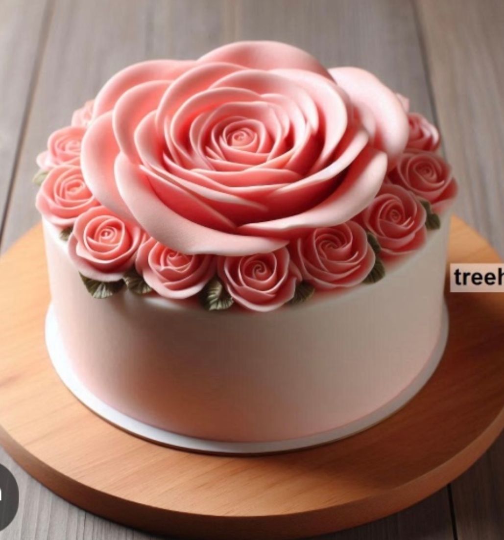 A pink 1 tier fondant cake featuring a large central gumpaste rose and a border of smaller pink roses with green leaves. A pink 1 tier fondant cake featuring a large central gumpaste rose and a border of smaller pink roses with green leaves.