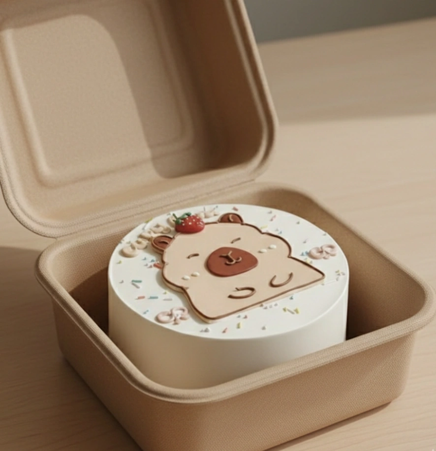 A photo of a Capybara themed cake. It is a White Bento cake decorated with a capybara with strawberry topper, tan piped swirls, and multicolor sprinkles.