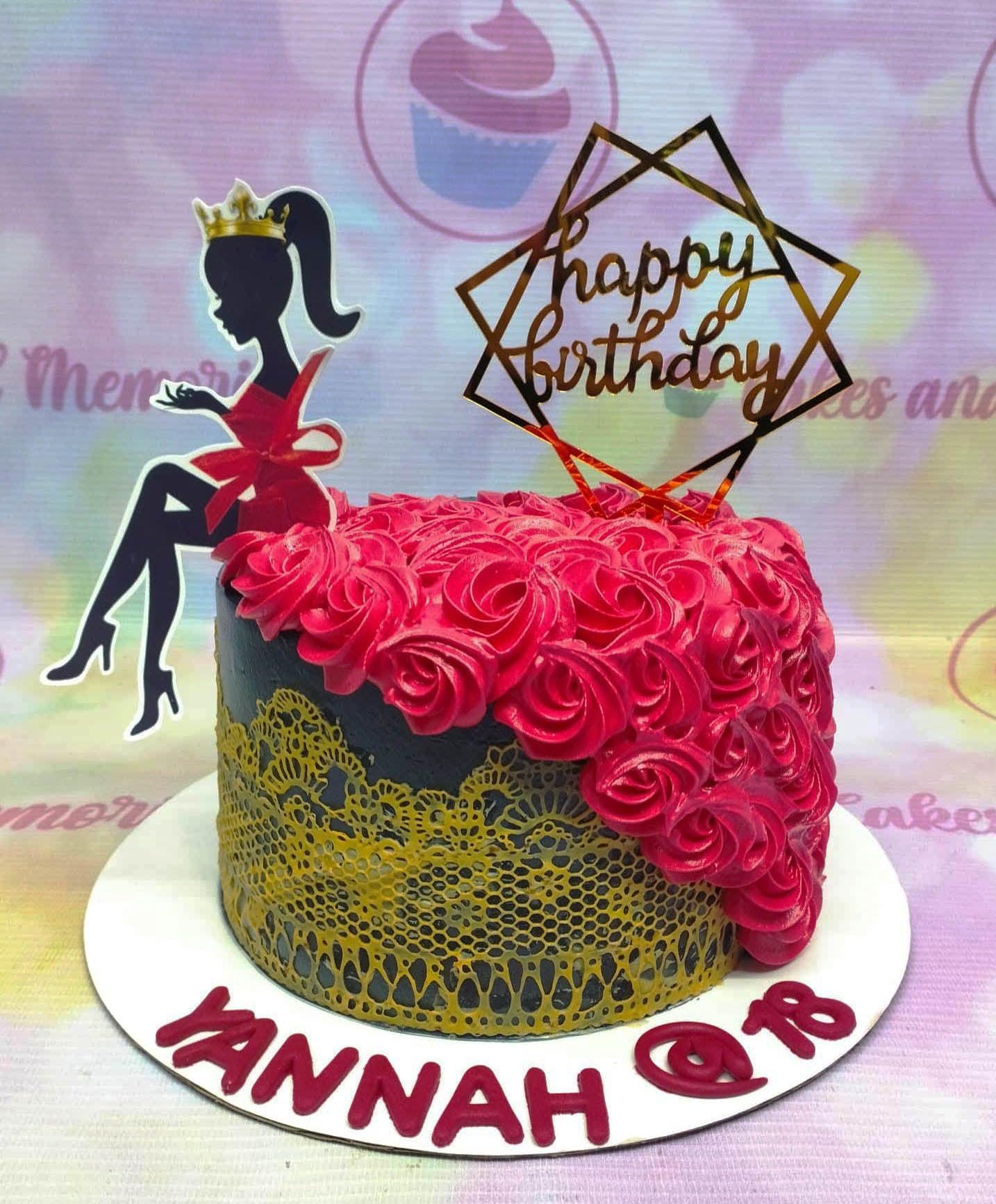 Black and gold 18th birthday cake with hot pink icing rosettes and a silhouette lady topper.
