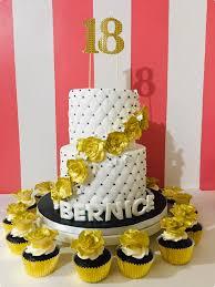 18th birthday black gold 2 Tier Fondant - black, gold theme with number 18 and gold flowers on cake