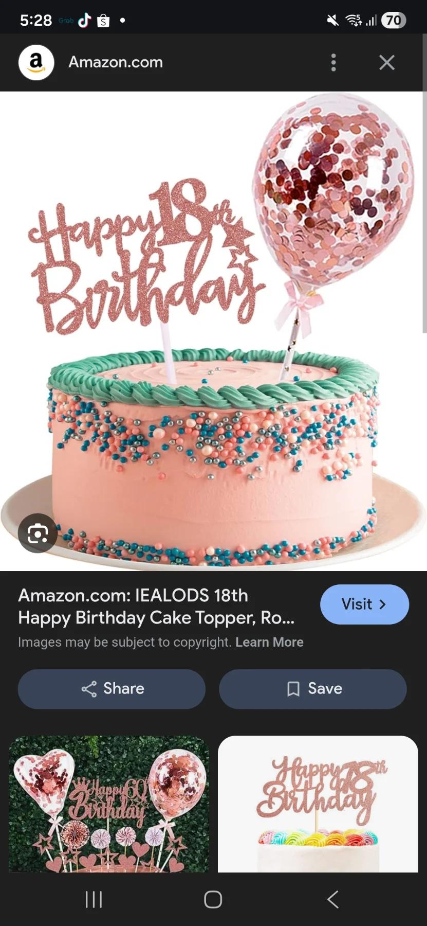 Pink 1-tier birthday cake with rose gold Happy 18th Birthday topper, confetti balloon, and teal icing border.