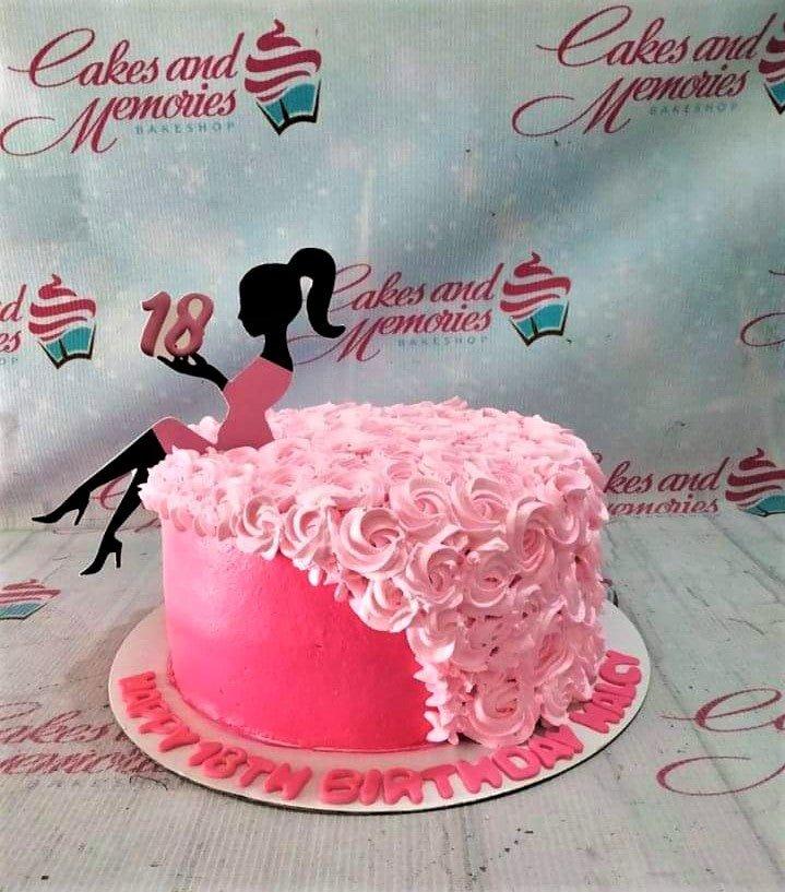 Hot pink and light pink 18th birthday cake with a silhouette girl topper and icing rosettes.