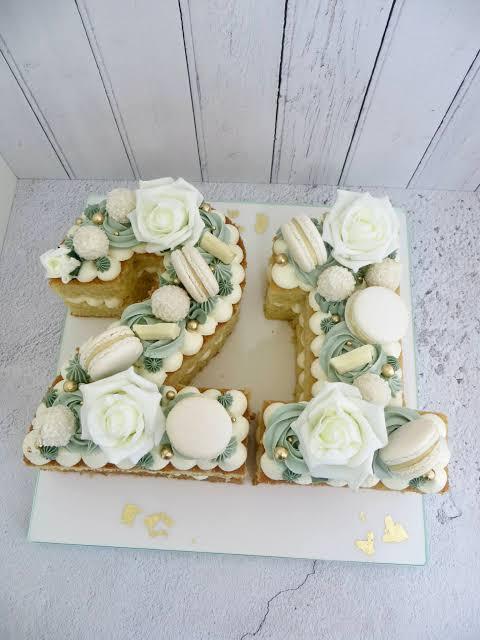 21st birthday Rectangle - white, rose, green theme with white roses and sage green and white buttercream swirls