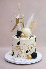 25th Birthday 1 Tier - black, gold, white theme with Large gold number 25 topper and Black decorative spheres