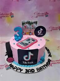 3rd Birthday TikTok 1 Tier - blue, pink, black theme with blue number 3 and blue small balls