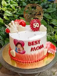 50th birthday mom 1 Tier - gold, red, white theme with gold happy birthday topper and white fondant hearts