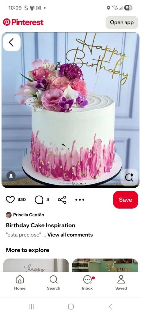 White 1-tier birthday cake with pink palette knife icing, fresh flowers, and a gold Happy Birthday topper.