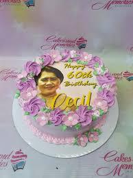 60th Birthday floral 1 Tier - colorful theme with edible photo of a woman