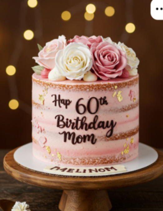 Pink semi-naked 60th birthday cake for mom decorated with large pink and white edible roses and gold leaf accents.