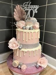 70th birthday 2 Tier - pink, white, silver theme with Happy 70th silver topper and pink roses
