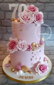 70th birthday pink floral 2 Tier - pink, rose, gold theme with number 70 topper and gold spheres