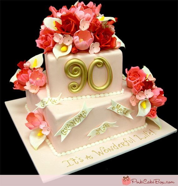 90th Birthday Floral 2 Tier Fondant - red, pink, gold theme with large red and pink floral arrangement and red and pink fl...