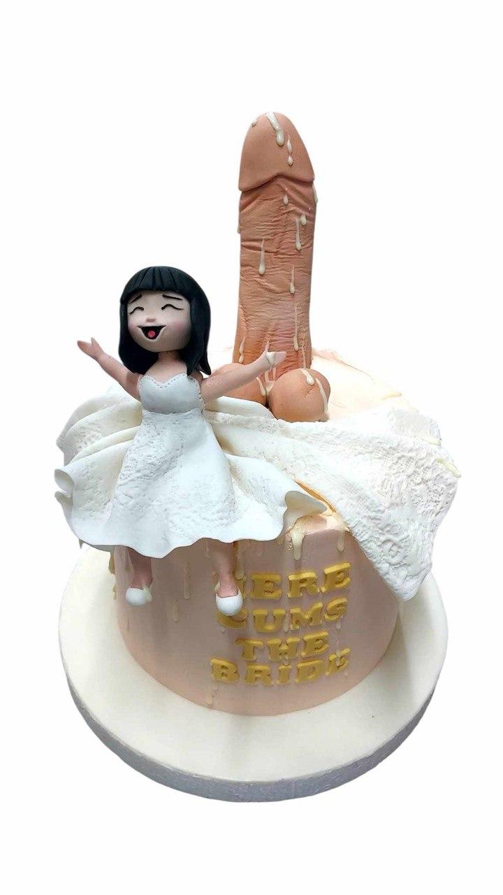 adult bachelorette 1 Tier - white theme with bride figurine and white fondant drape