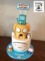 Adventure Time 2 Tier Fondant - yellow, white theme with Birthday Time banner and Gunter the penguin