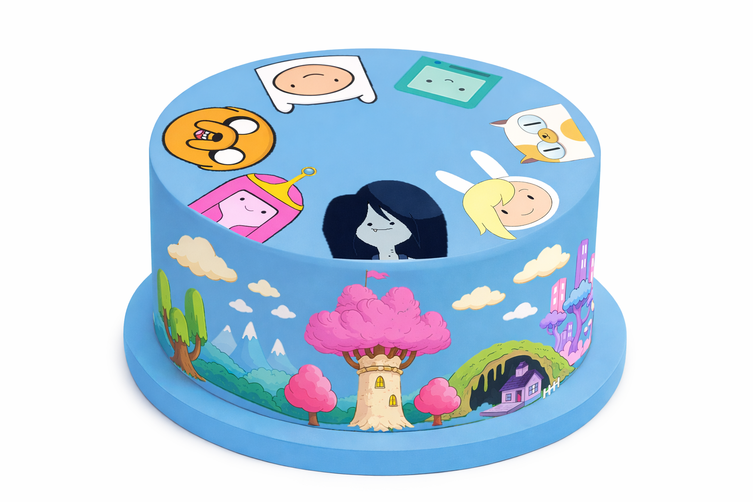 Adventure Time themed light blue fondant cake featuring characters like Finn, Jake, Princess Bubblegum, and Marceline with a landscape wrap.