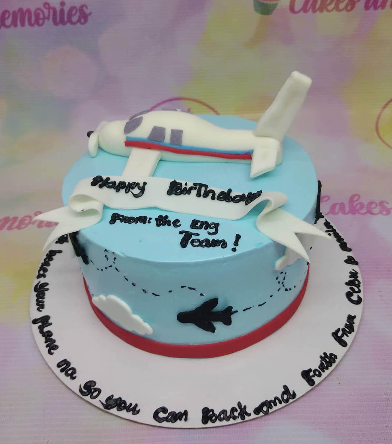 Light blue airplane themed birthday cake with a 3D fondant plane topper, white clouds, and black plane silhouettes.