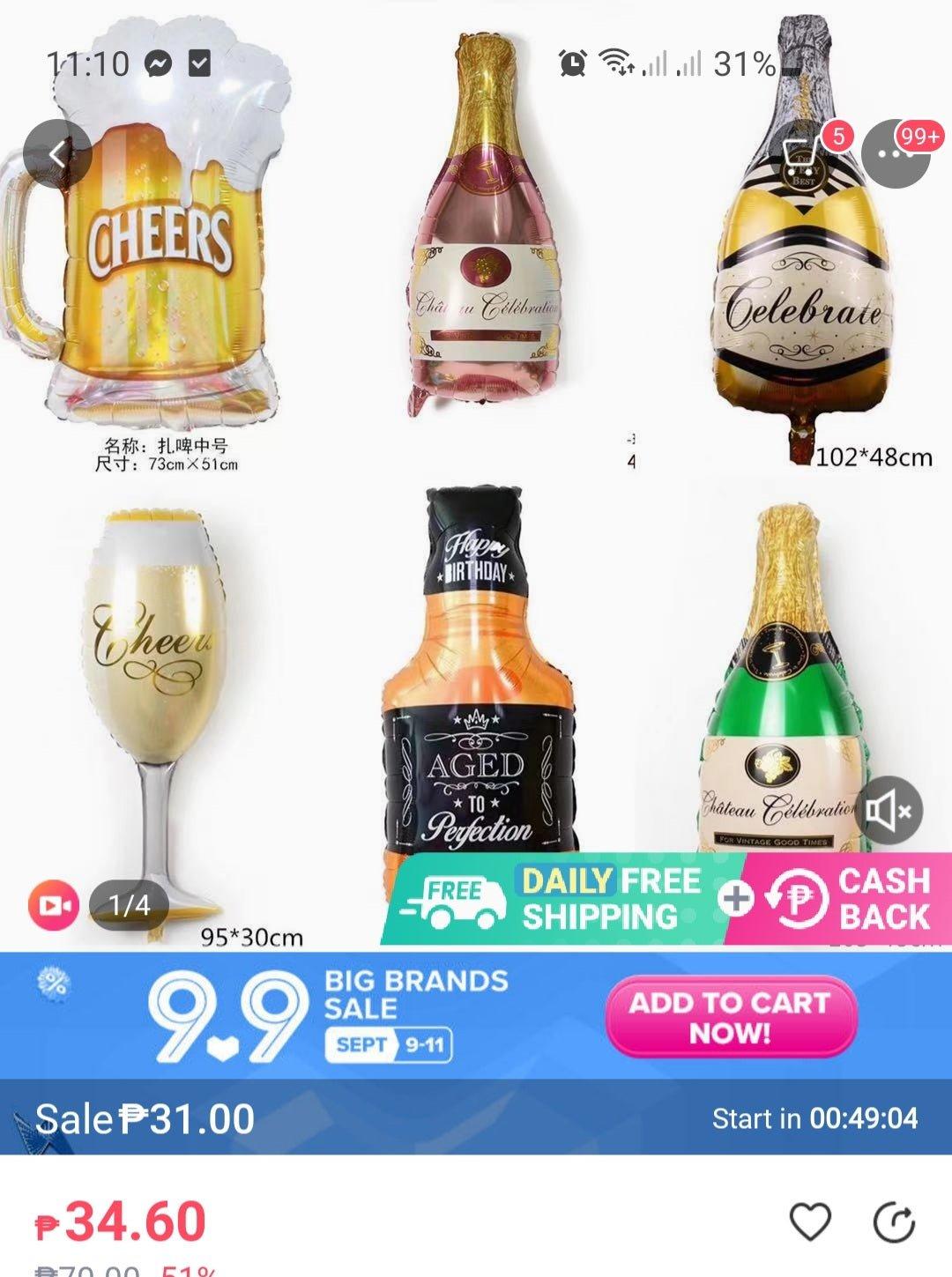 A collection of various alcohol-themed foil balloons including beer mugs, champagne bottles, and whiskey bottles for party decorations.