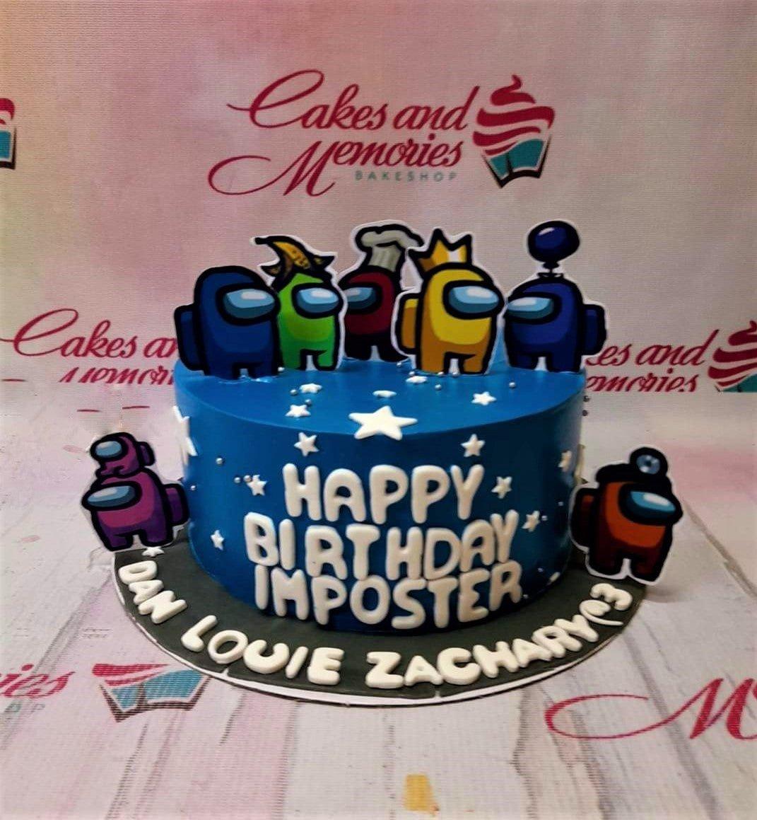 Blue Among Us themed birthday cake with character printouts and white stars