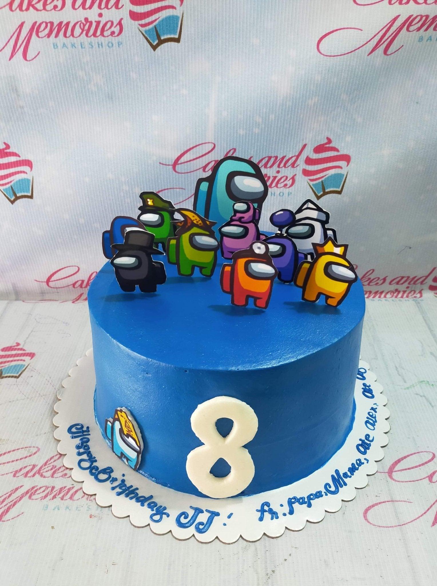 Blue Among Us themed birthday cake with multiple character printouts and a large white number 8 on the side.