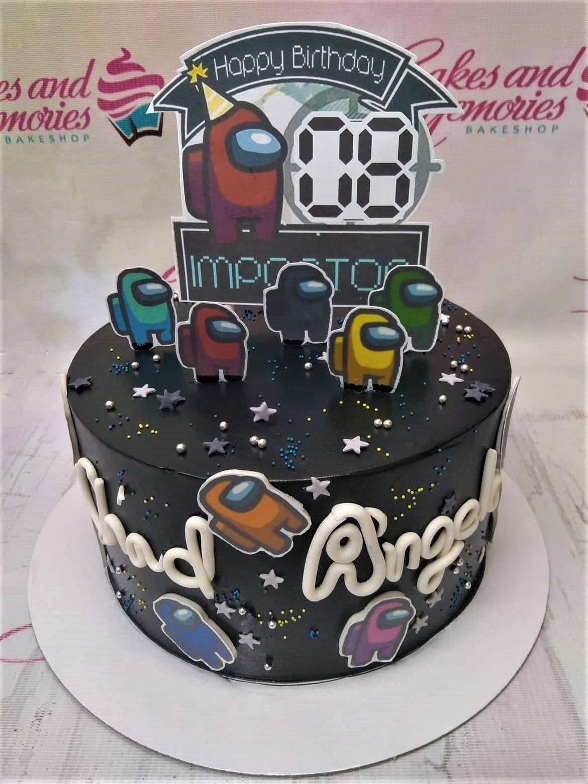 Among Us 1 Tier - colorful theme with Happy Birthday 08 Impostor Among Us topper and Among Us characters