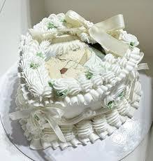 Anime Heart Cake 1 Tier - white, green theme with Anime character printed image and White icing dollops and ruffles