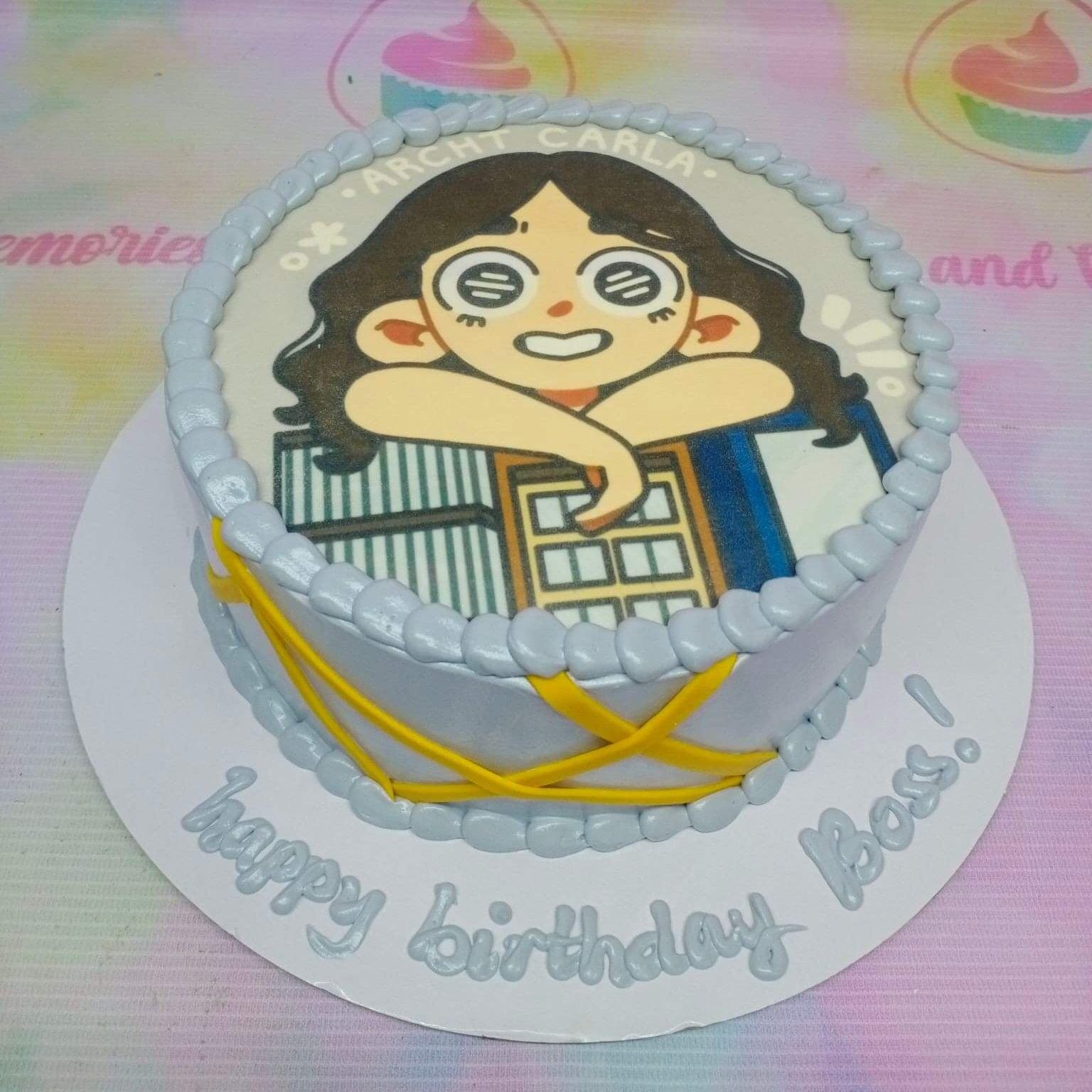 Light blue 1-tier birthday cake with a large character printout of a girl architect and yellow icing crisscross patterns.