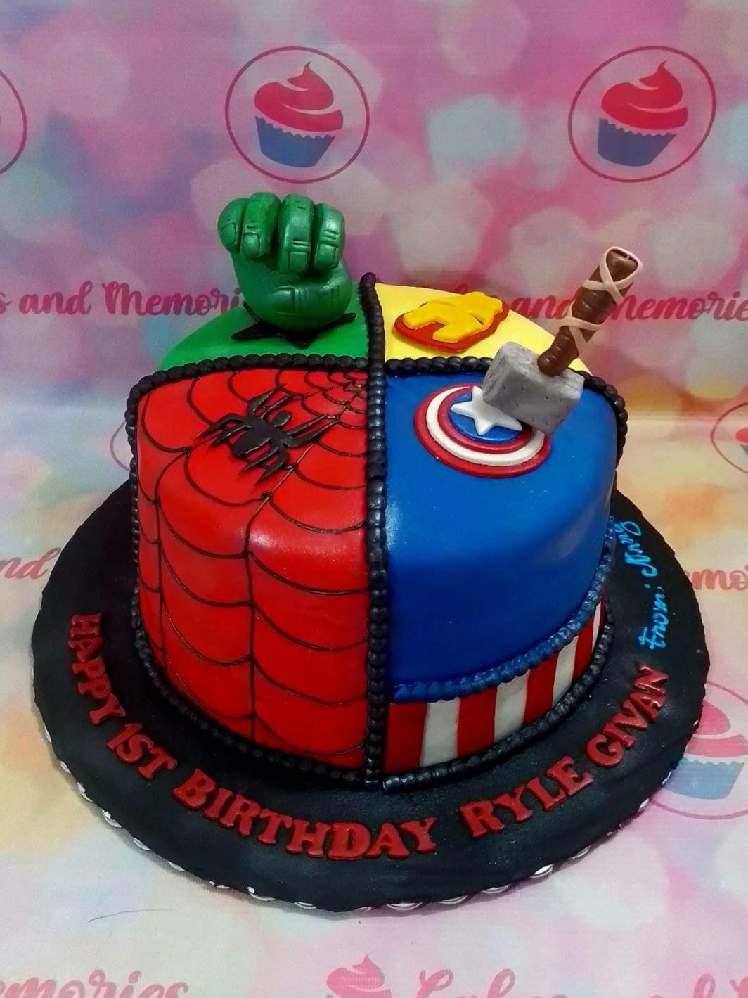 Avengers 1 Tier Fondant - red, white theme with Hulk fist and Spider-Man web lines
