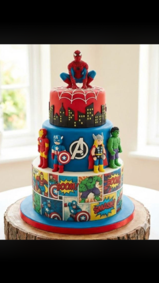 Three-tier Avengers themed fondant cake featuring Spiderman, Iron Man, Captain America, Thor, and Hulk with comic book panels.