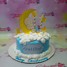 Baby Christening Moon 1 Tier - yellow, white theme with yellow moon with sleeping baby and white icing clouds