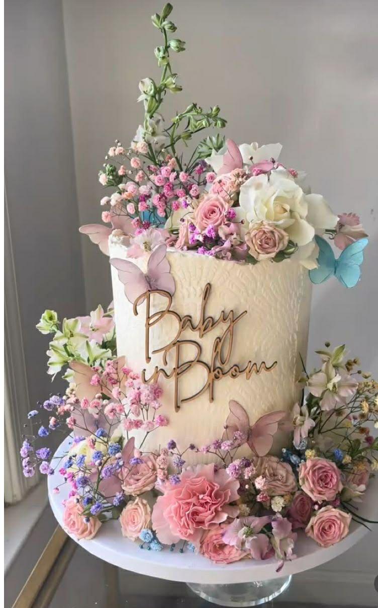 baby in bloom 1 Tier - red, ivory, pink theme with Baby in Bloom text and butterflies