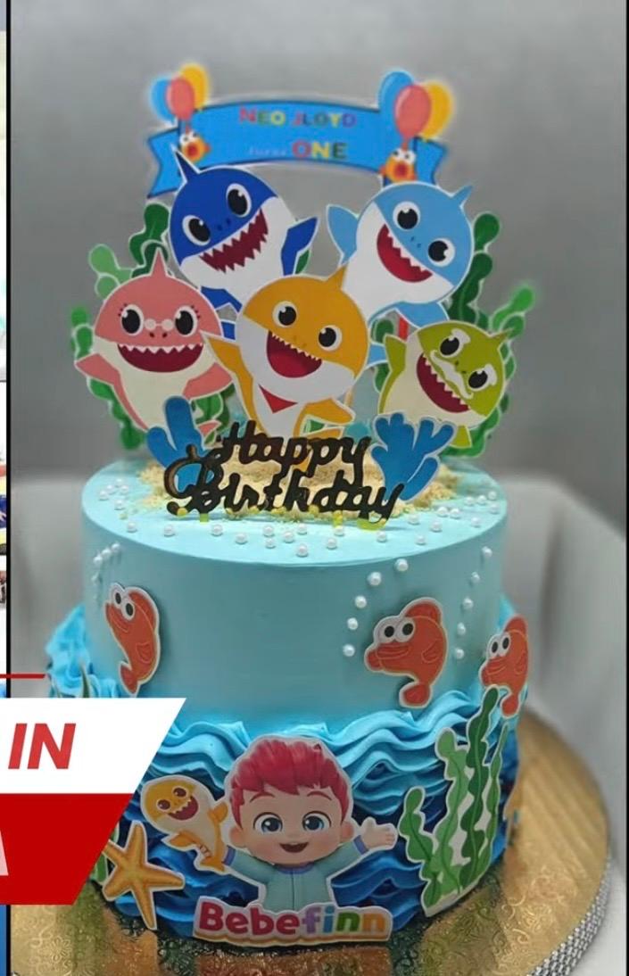 Baby Shark Bebefinn 1 Tier - orange, green, yellow theme with Baby Shark family group and orange fish