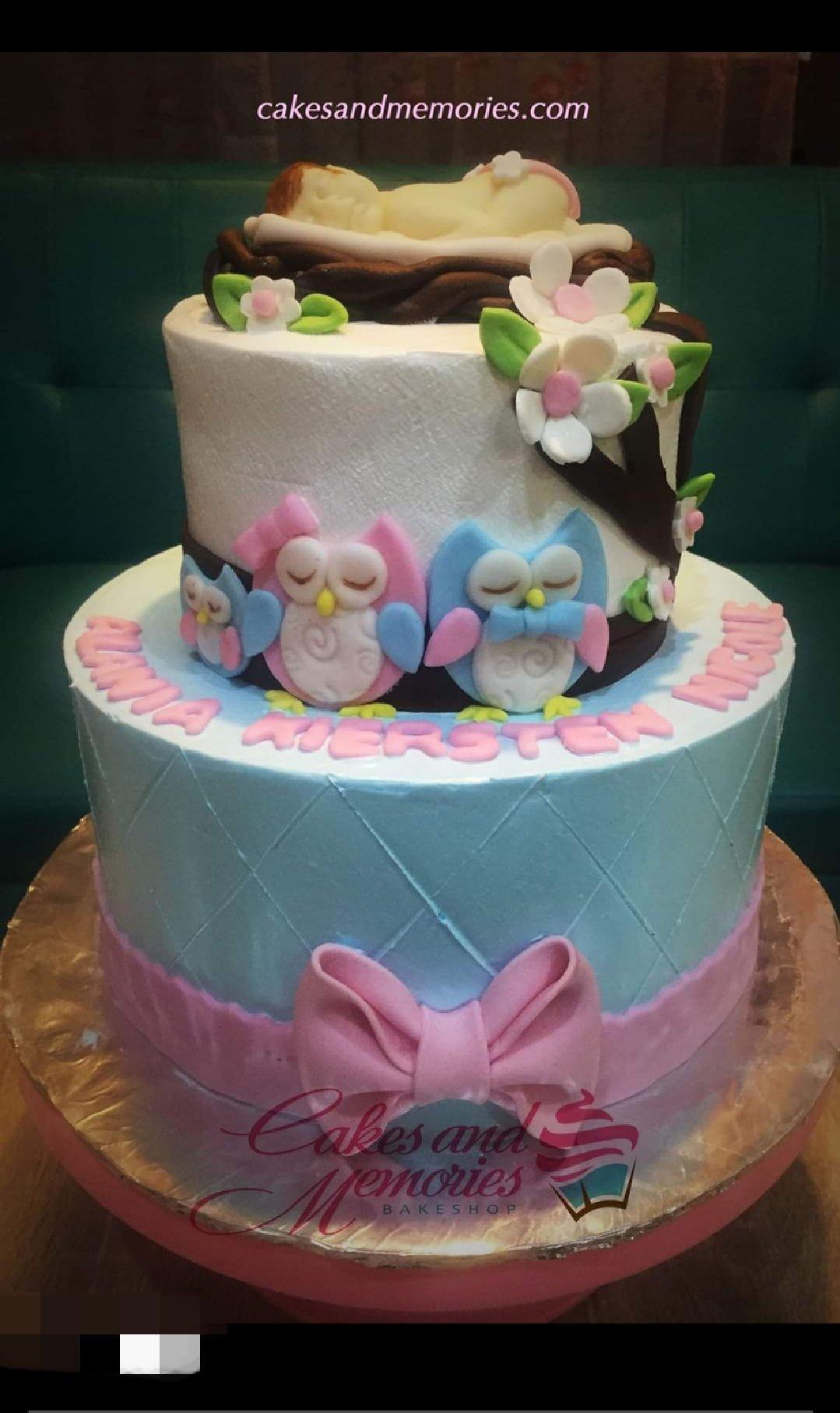 Two-tier baby shower cake with a sleeping baby topper, owl figures, and pink bow on a light blue quilted base.