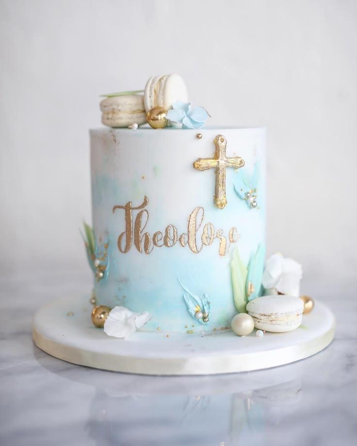 baptism blue 1 Tier - gold, white, blue theme with gold cross and white macarons