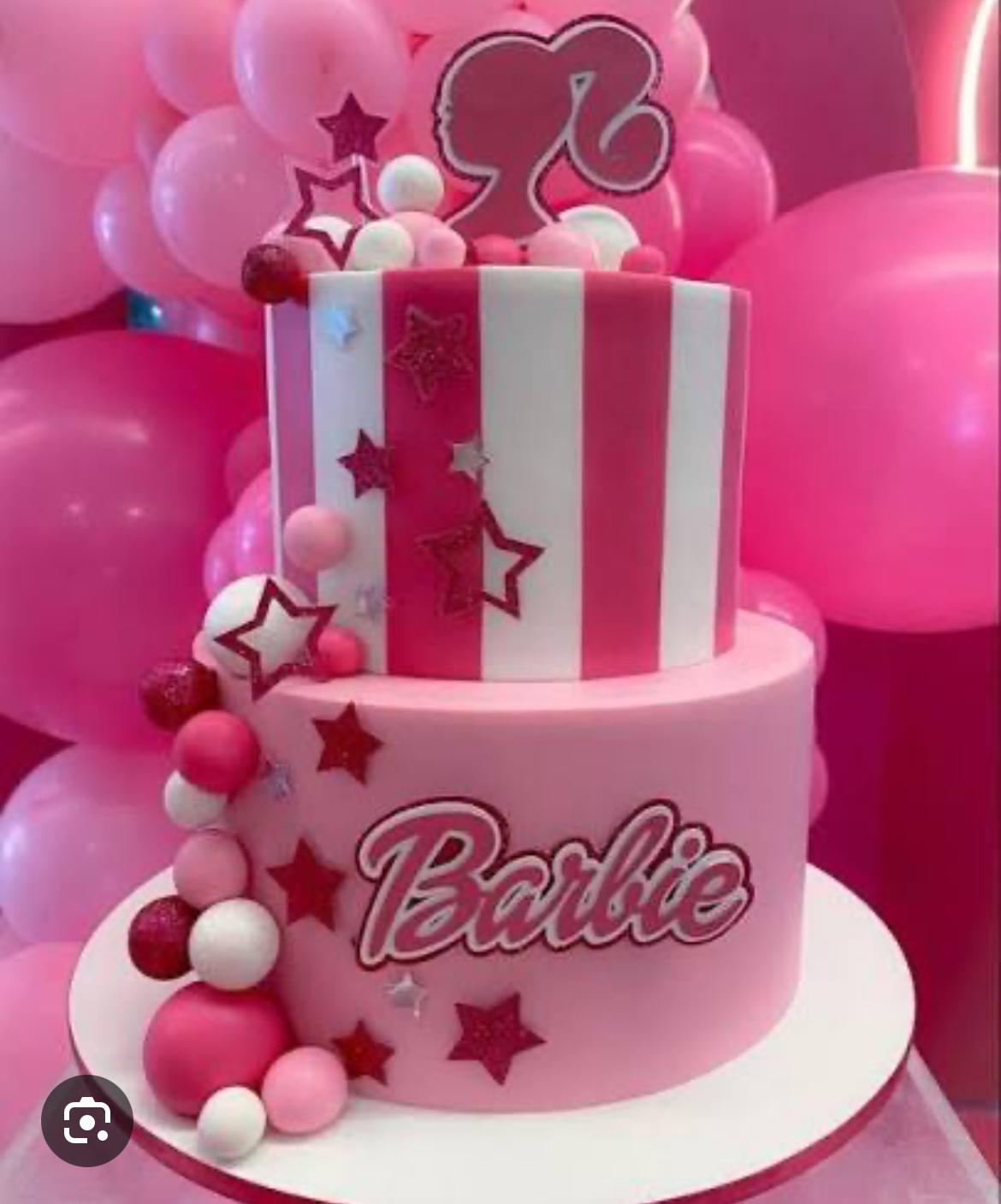 Barbie 2 Tier Fondant - pink, white, rose theme with Barbie silhouette topper and pink white and rose decorative balls
