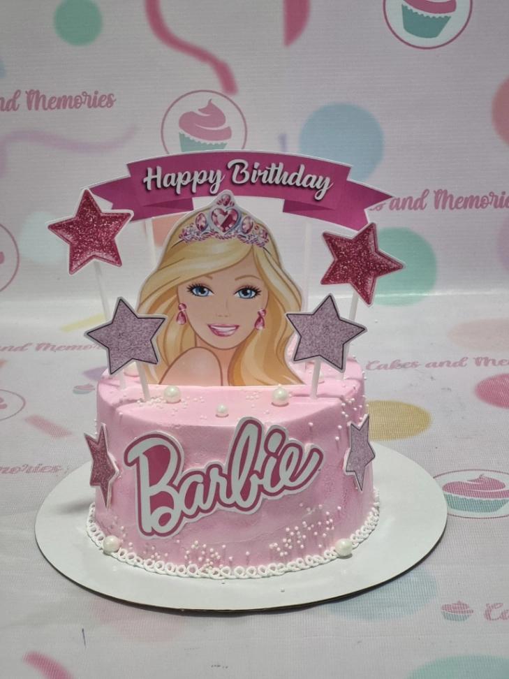 Barbie pink 1 Tier - white theme with printout of Barbie's head and white sprinkles