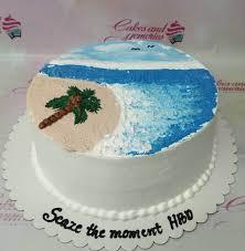beach birthday 1 Tier - colorful theme with Icing palette knife beach scene with sand, ocean, sky, and a palm tree