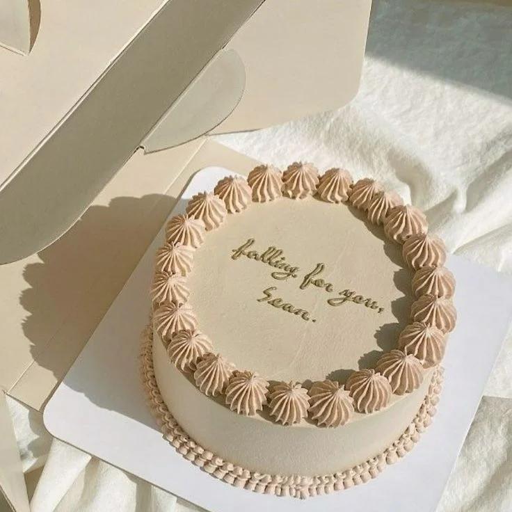 Minimalist beige bento-style cake with piped icing rosettes and a handwritten message 'falling for you, Sean.'