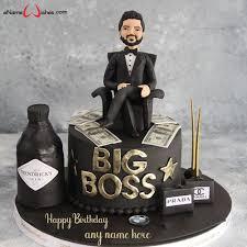 Black fondant cake for a boss featuring a 3D man figurine in a tuxedo sitting on a chair with edible money and luxury brand accents.